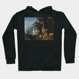 Ducks, Guinea Pigs and a Rabbit in a Wooded Landscape Beside a Lake by David de Coninck Hoodie